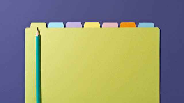 Yellow folder with tabs, teal pencil